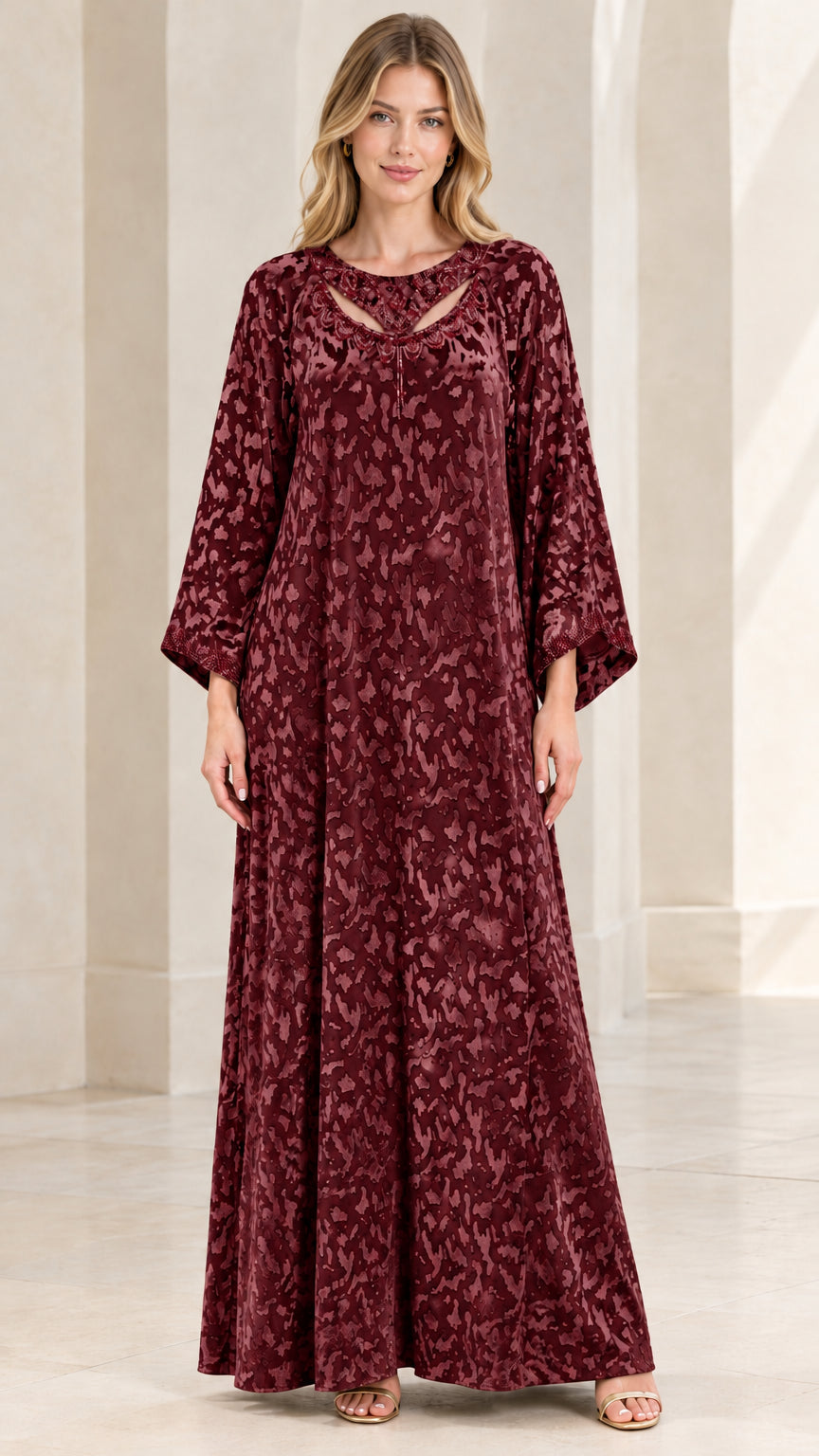 Full front view of Burgundy textured kaftan maxi dress with beaded neckline
