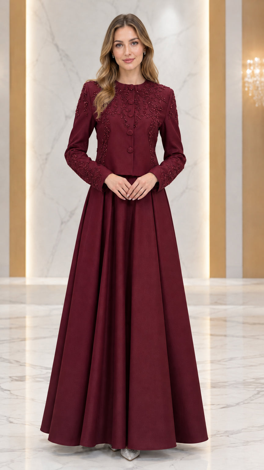 Burgundy wine red beaded formal jacket and pleated maxi dress