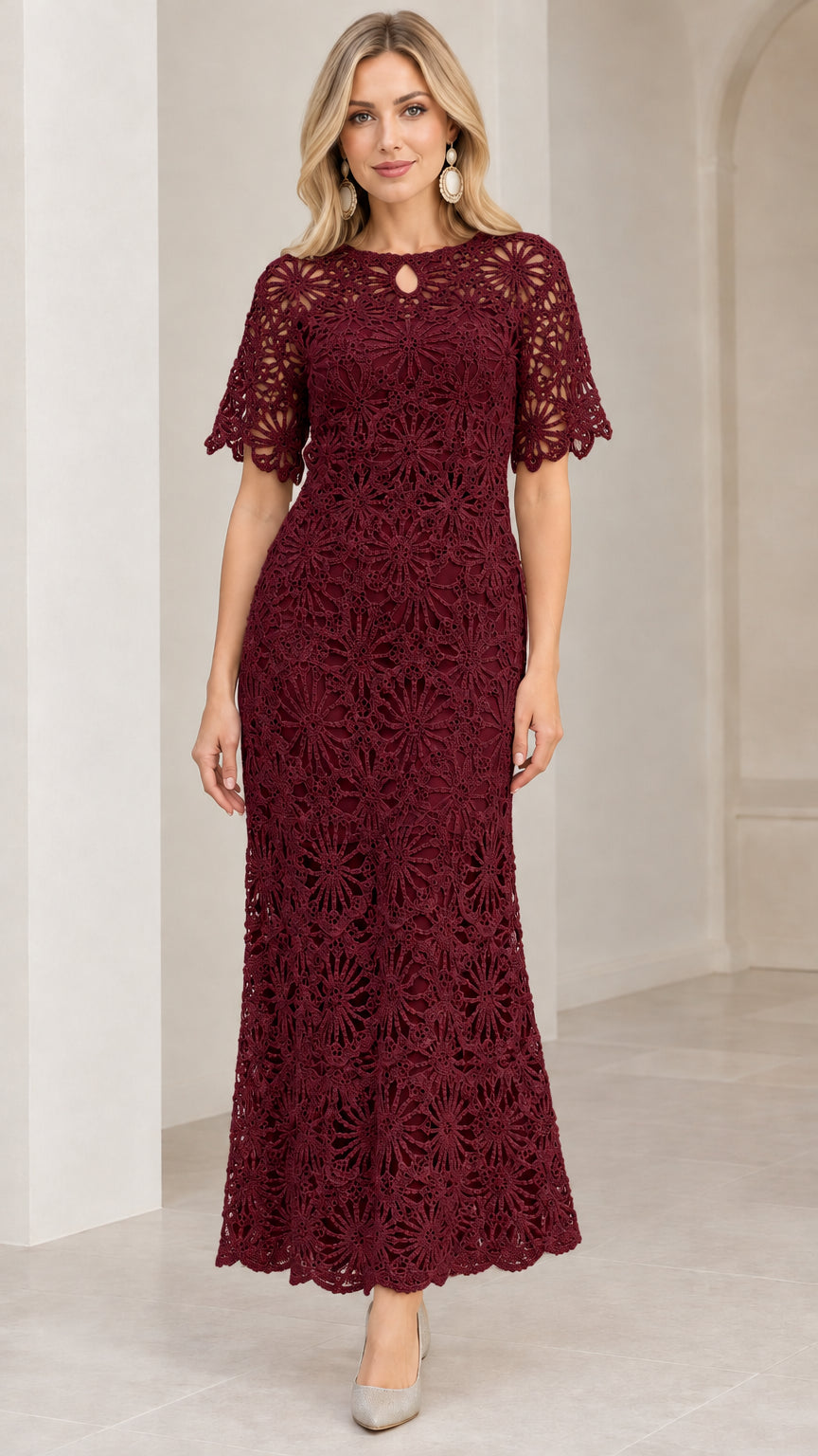 Full front view of Burgundy wine floral crochet lace maxi dress