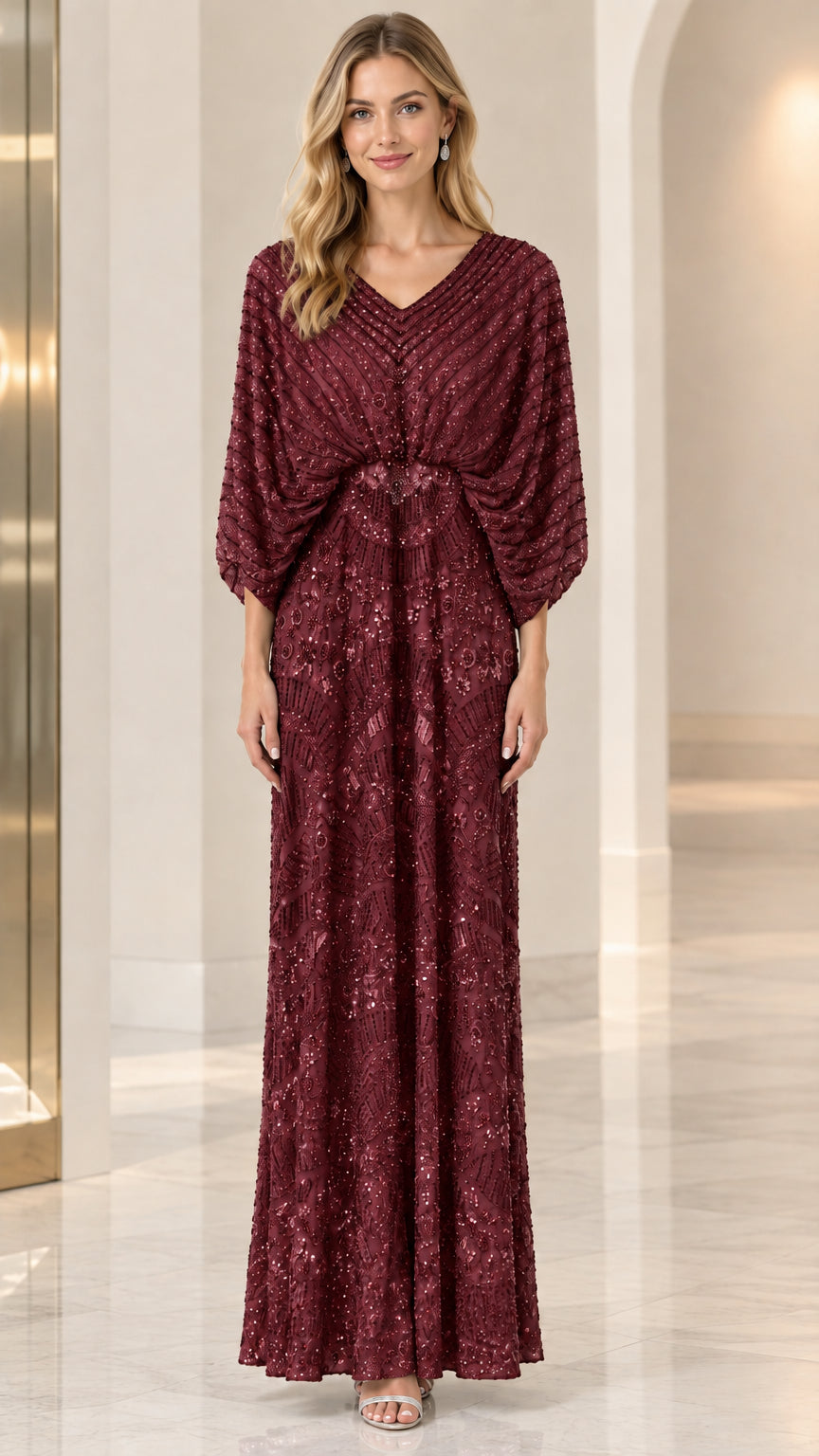 Burgundy beaded formal maxi dress front view