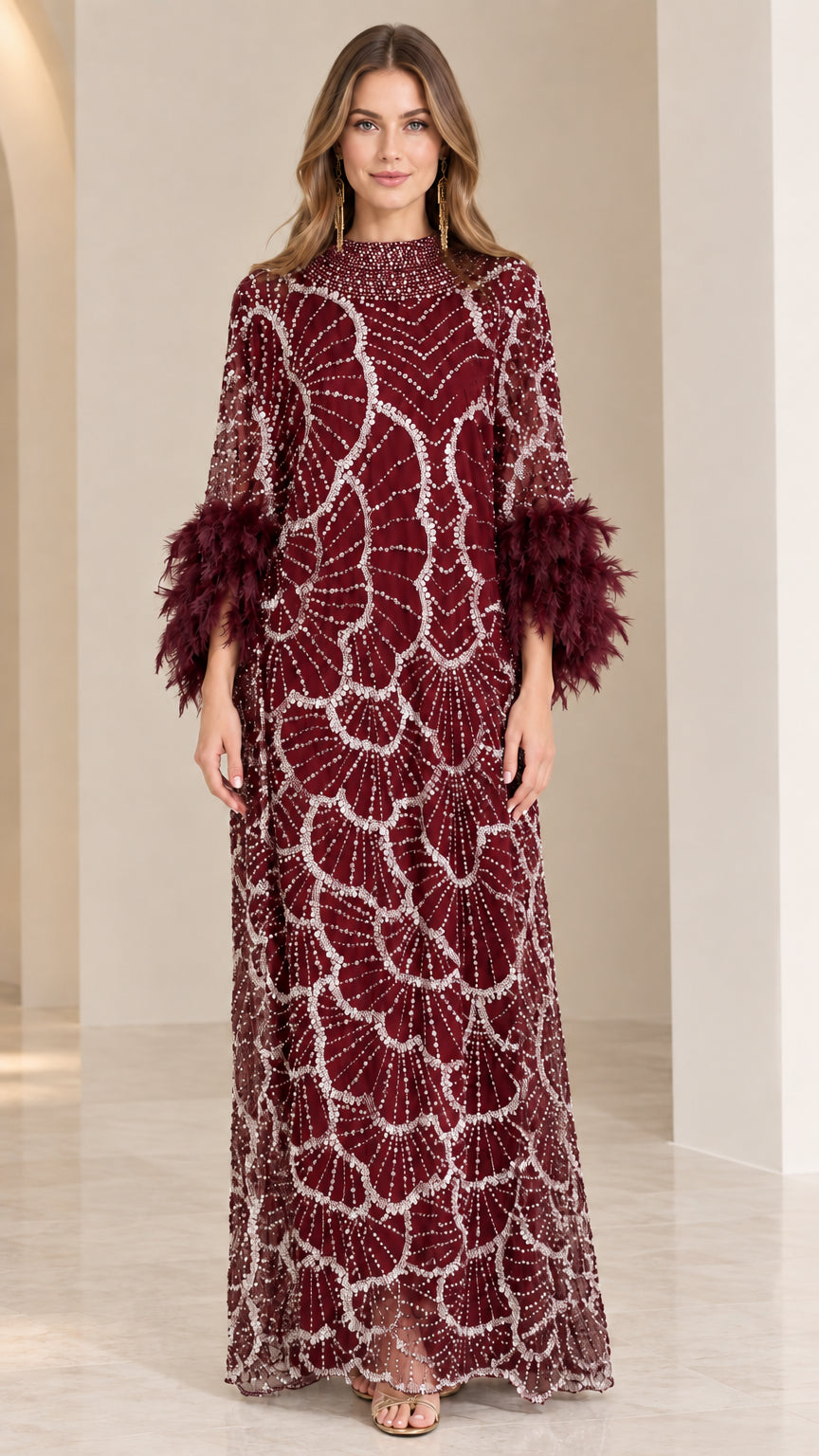 Front view of burgundy red sequined evening gown with feather cuffs