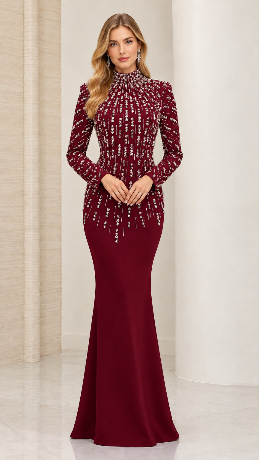 Front view of burgundy wine red crystal embellished mermaid evening dress