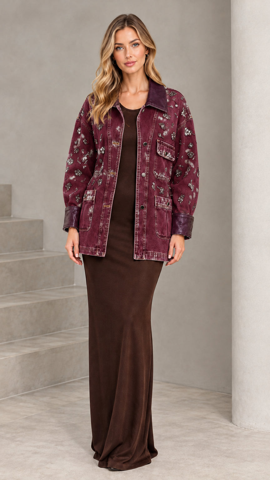 Front view of model wearing Burgundy embellished denim jacket with brown contrast trim