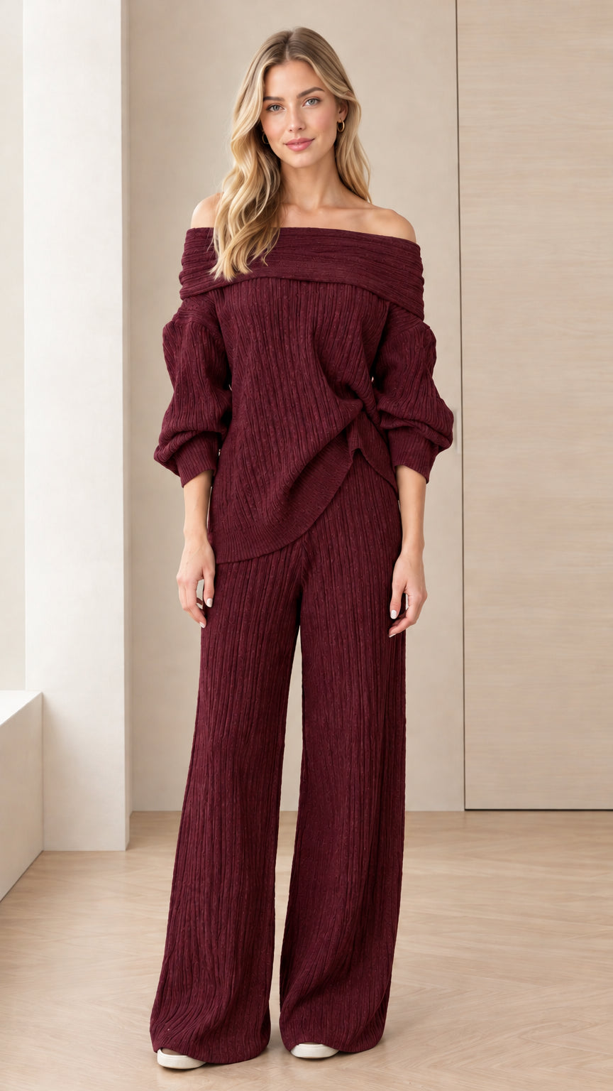 Burgundy wine off-the-shoulder textured knit top and wide-leg lounge pants set