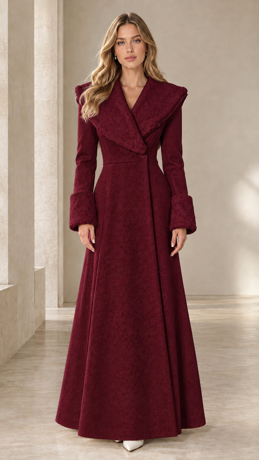 Burgundy wine red floor-length formal winter coat