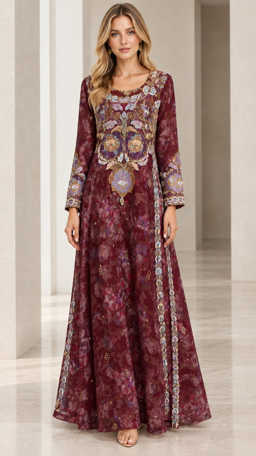 Full front view of burgundy floral embroidered long sleeve maxi dress
