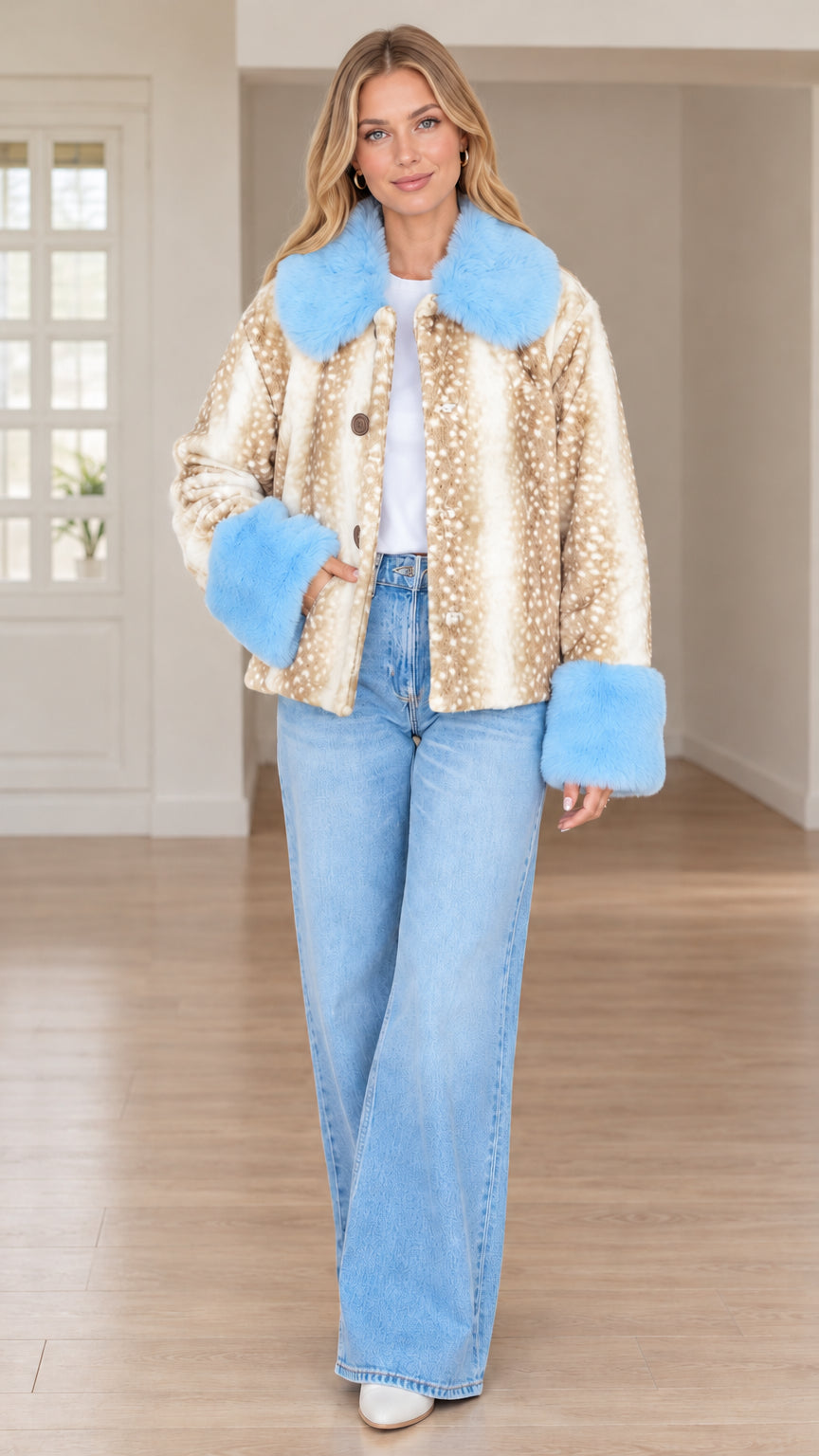 Model wearing camel deer print faux fur jacket with light blue collar and cuffs