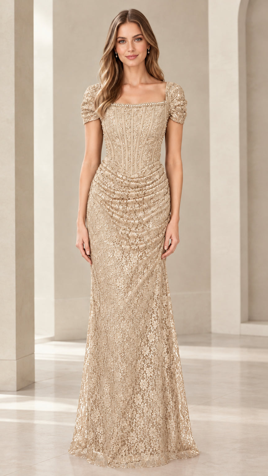 Champagne gold beaded lace corset formal gown