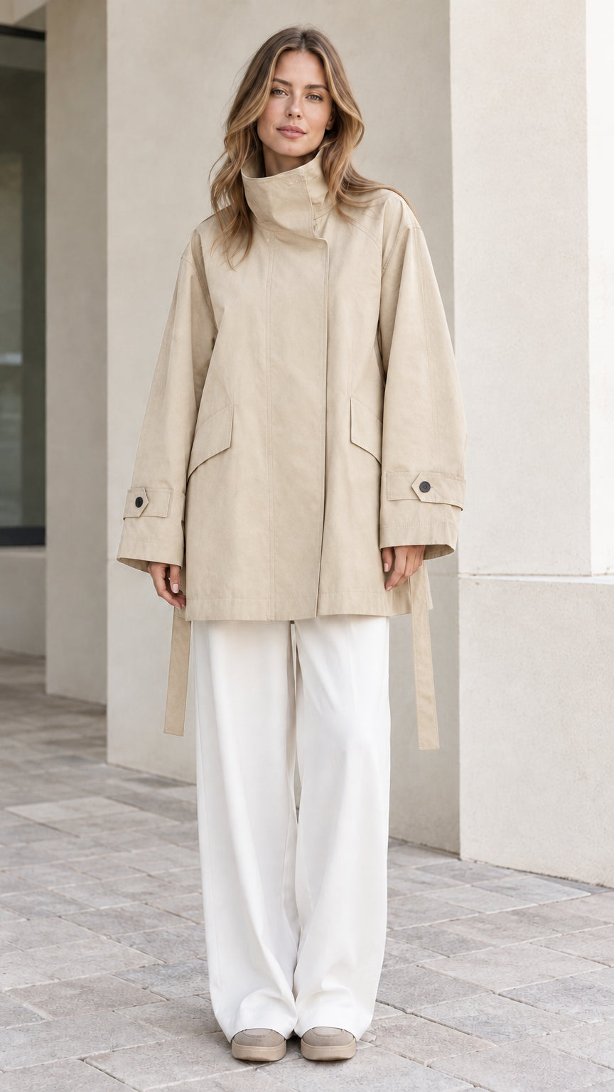 Front view of model wearing Beige neutral high-neck relaxed belted trench jacket