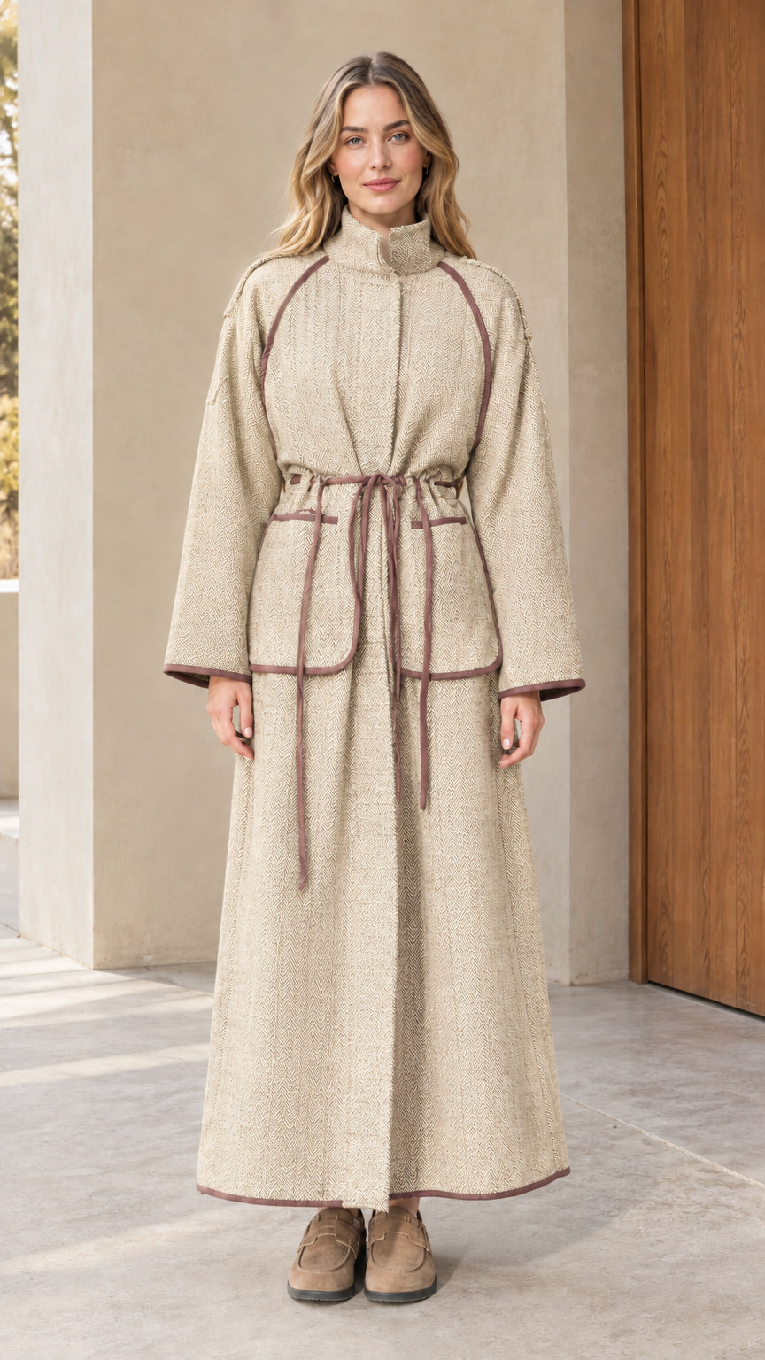 Full-length view of woman wearing light oatmeal beige herringbone maxi coat