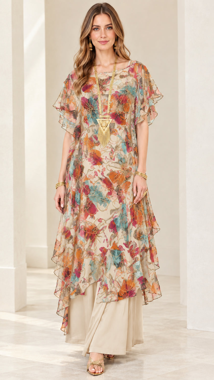 Full-length view of Beige Multi cream floral layered chiffon maxi dress