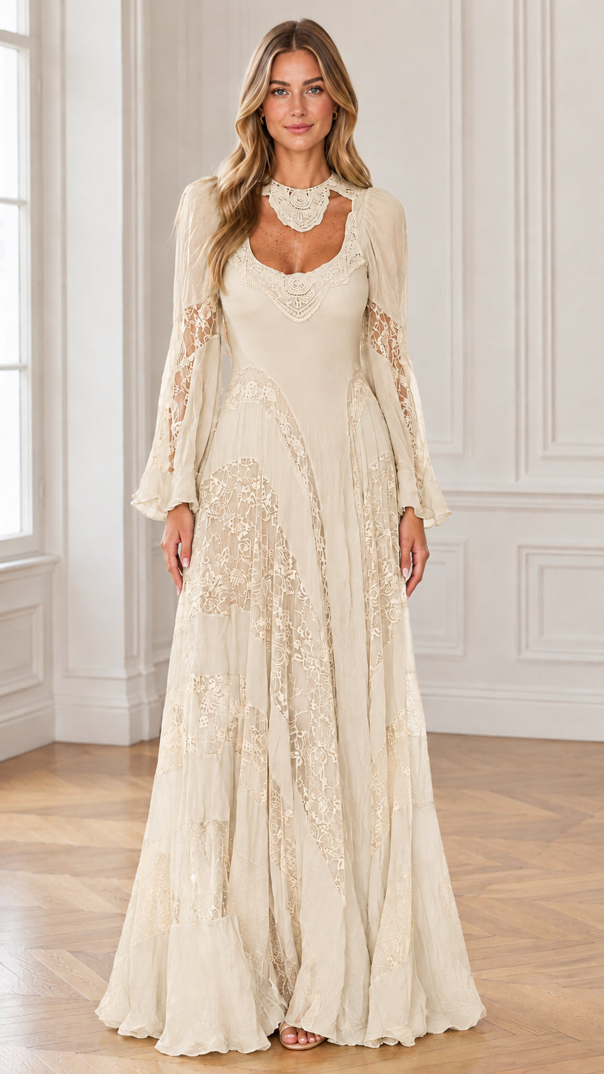 Front view of cream champagne vintage boho lace maxi dress