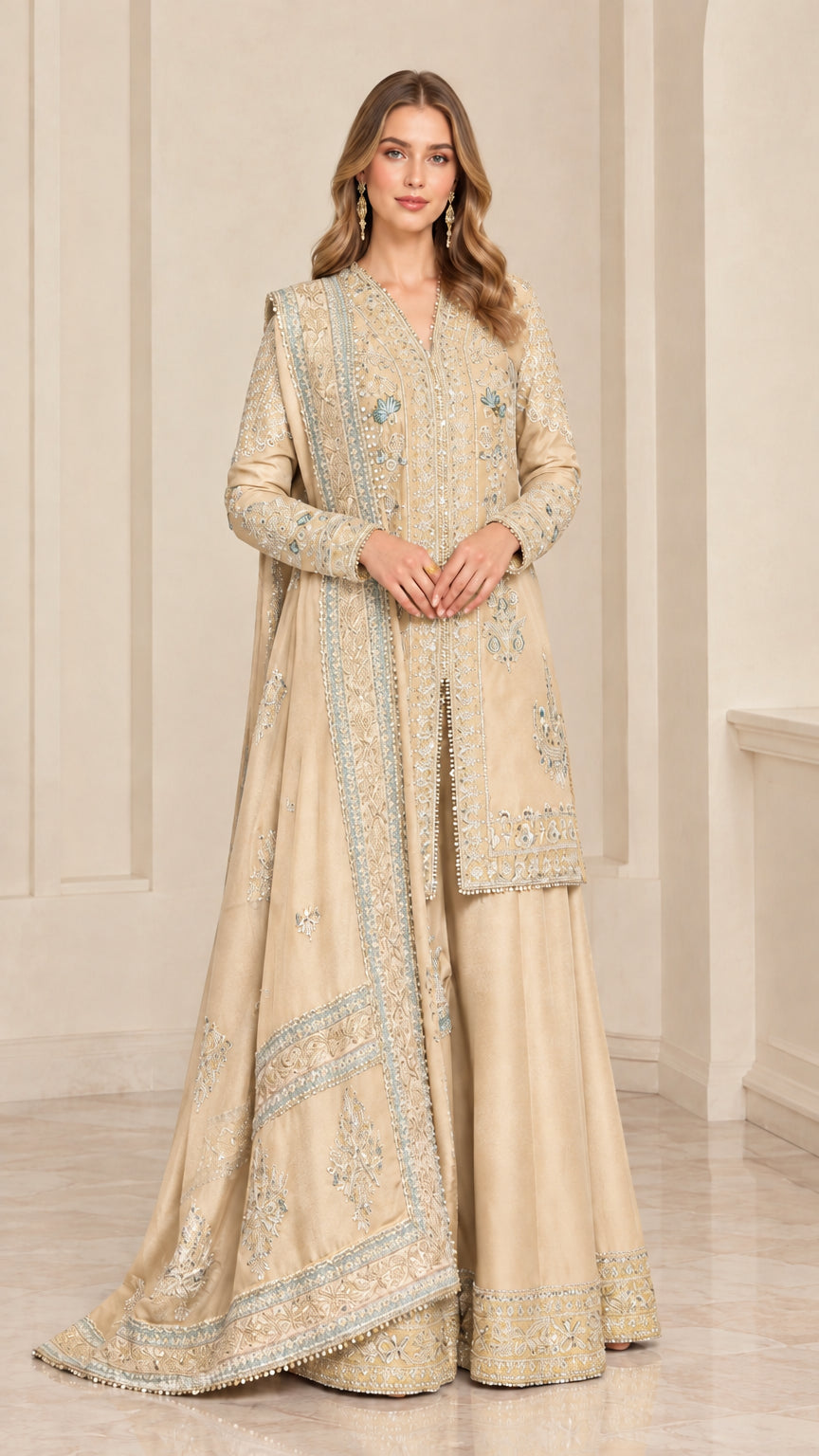 Full-length studio portrait of woman wearing Champagne embroidered sharara suit set