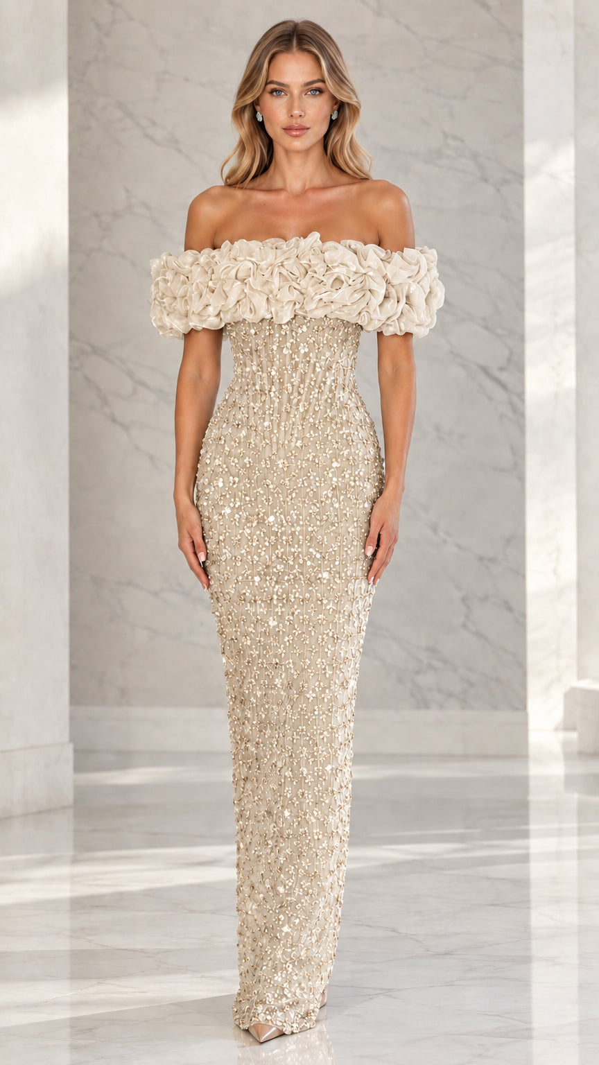 Full front view of champagne gold off-the-shoulder embellished column evening gown