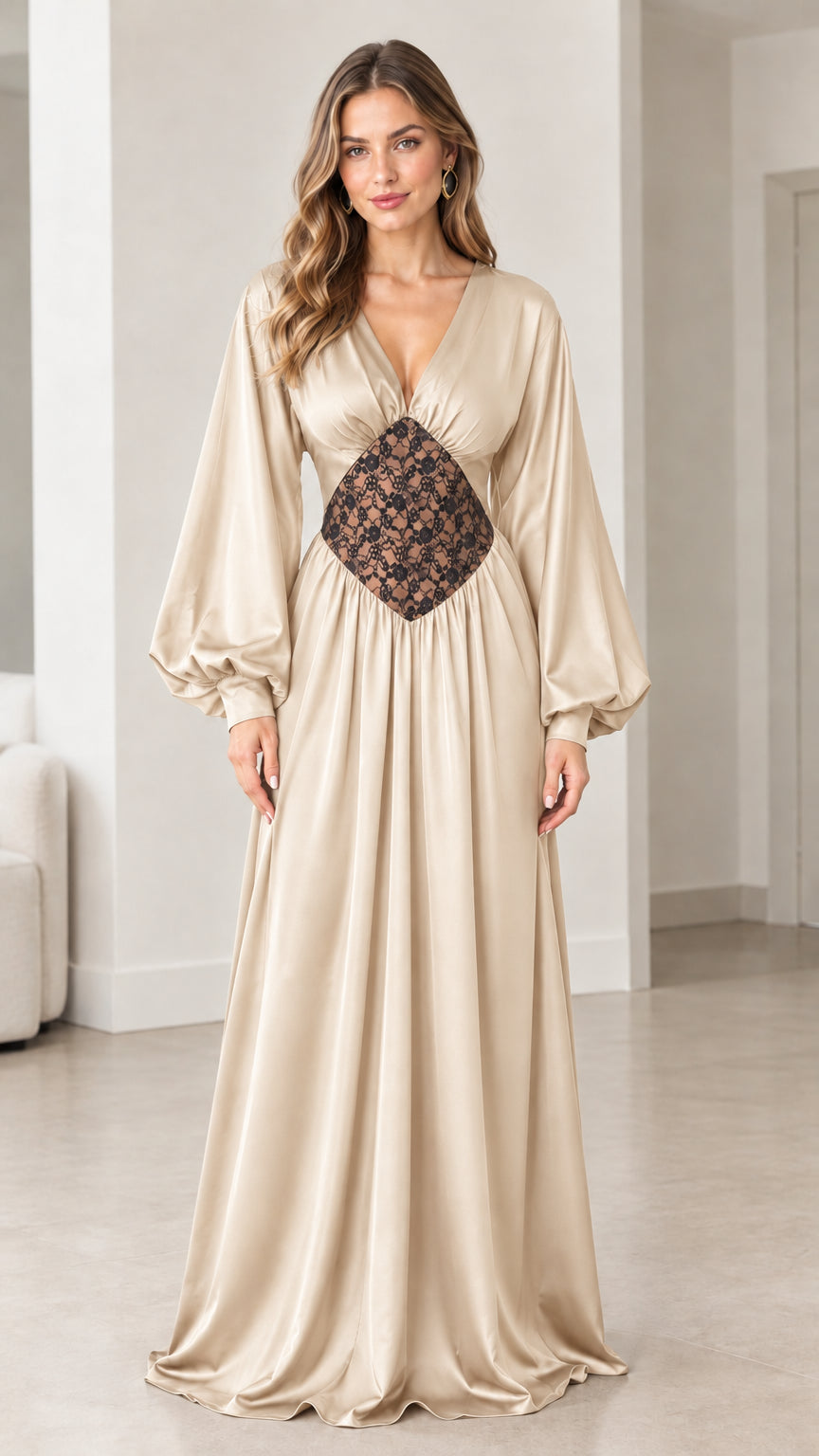 Front view of champagne gold satin evening maxi gown with lace panel