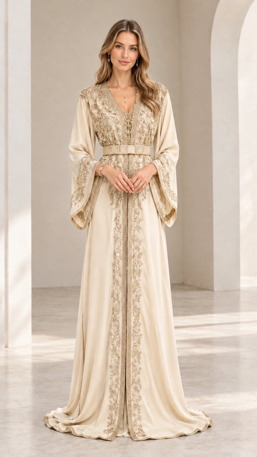 Front view of champagne cream embroidered Moroccan evening kaftan gown