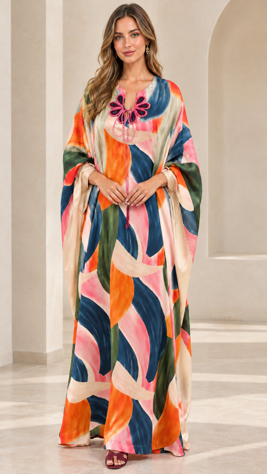 Ivory Multicolor bright abstract print kaftan maxi dress front view