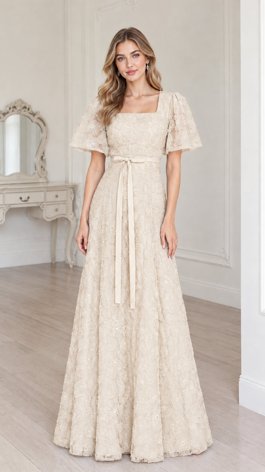 Full-length champagne beige square neck floral lace A-line maxi dress
