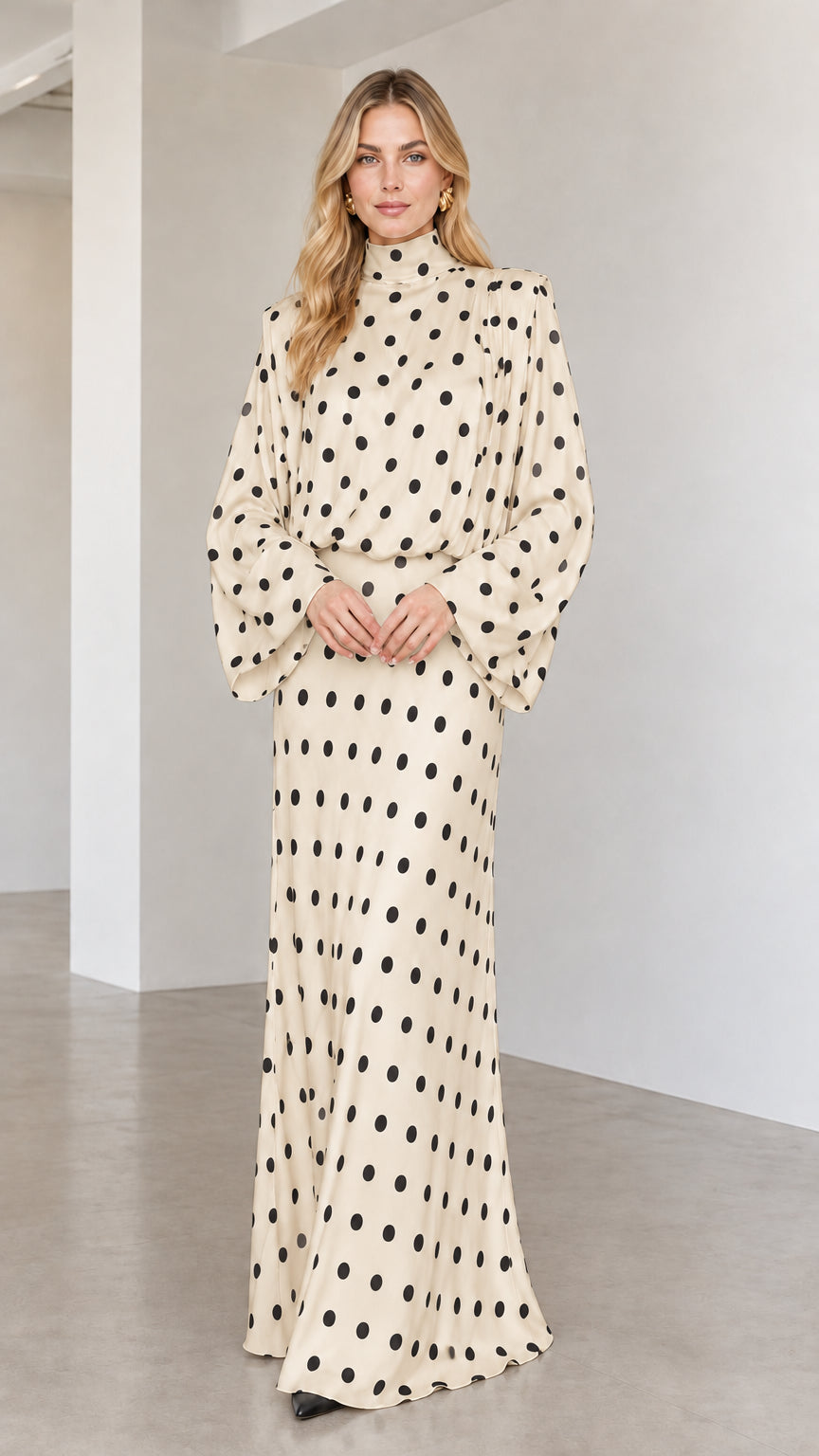 Model wearing cream beige polka dot long sleeve high neck maxi dress