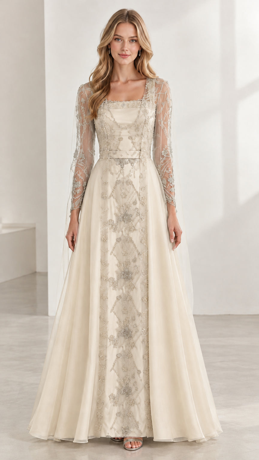 Champagne ivory embroidered long sleeve A-line evening gown