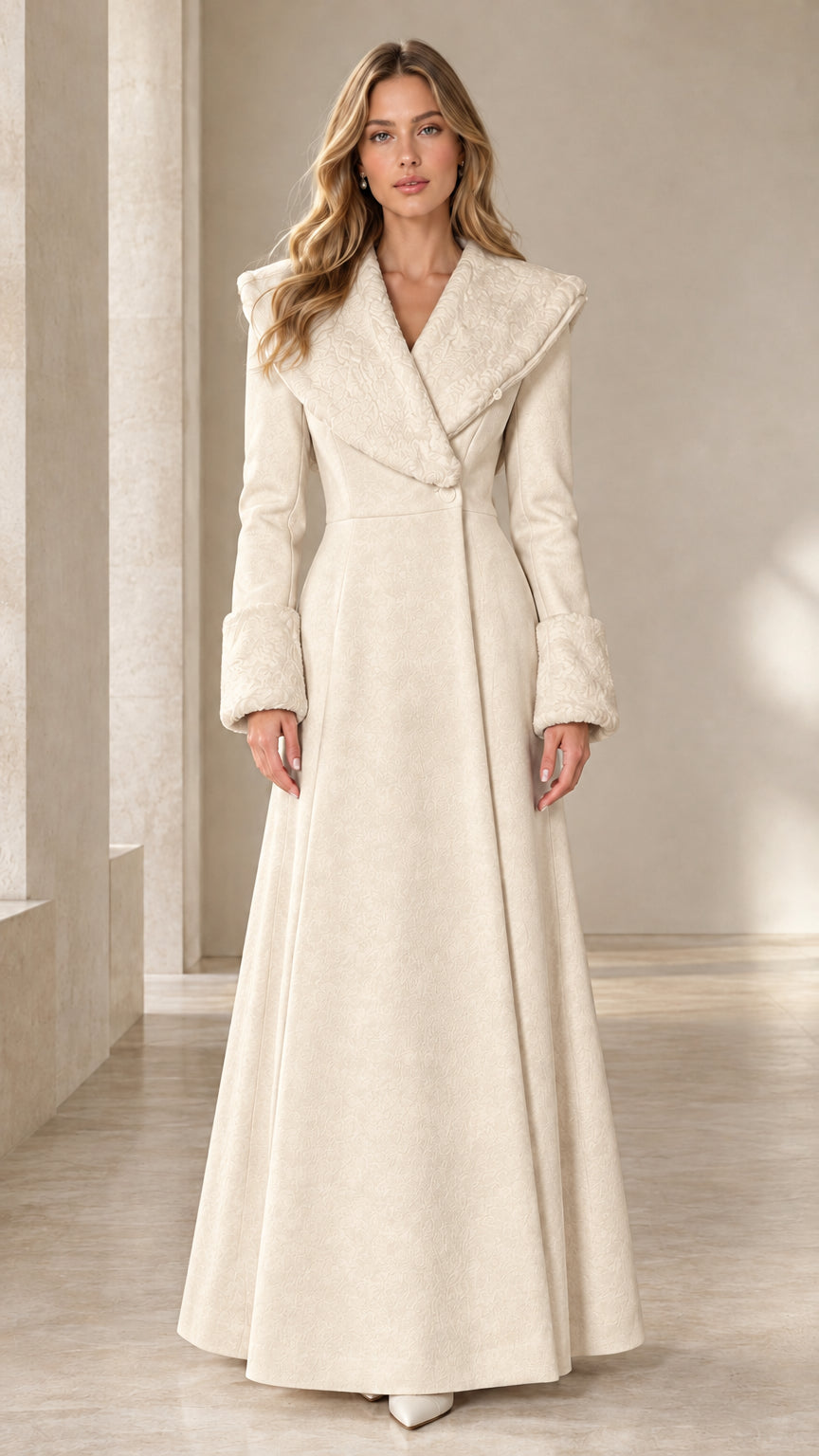 Cream ivory elegant shawl collar A-line maxi coat