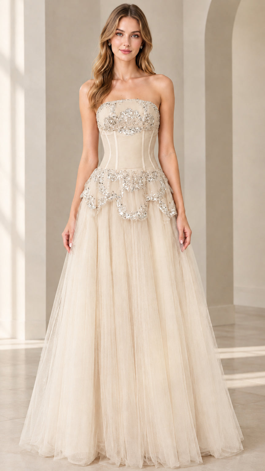Champagne strapless corset tulle evening gown with sparkling details