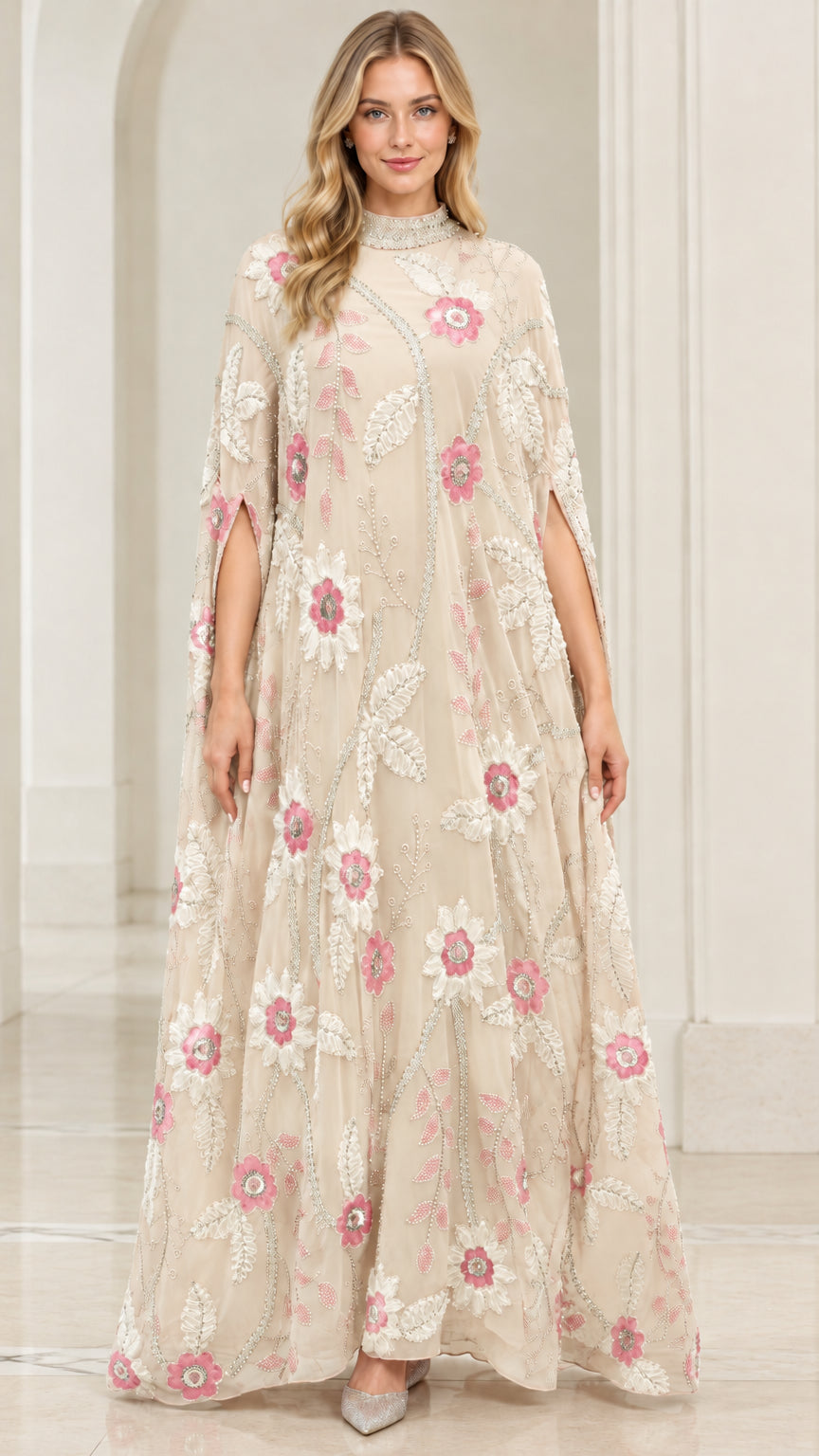 Champagne beige floral embroidered cape gown with beaded accents