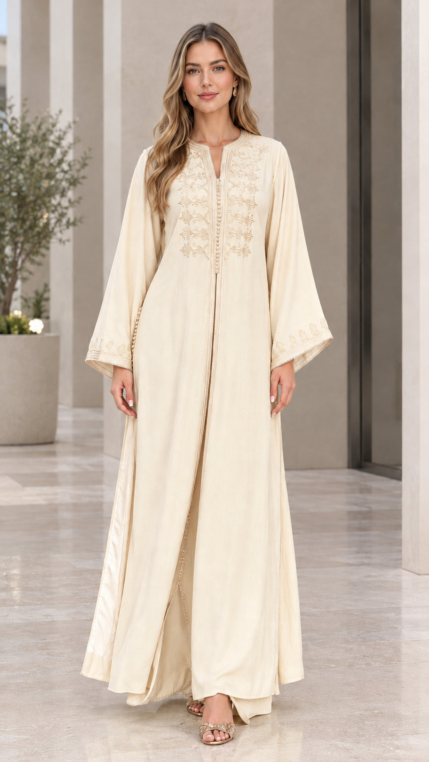 Cream beige modest embroidered kaftan maxi dress