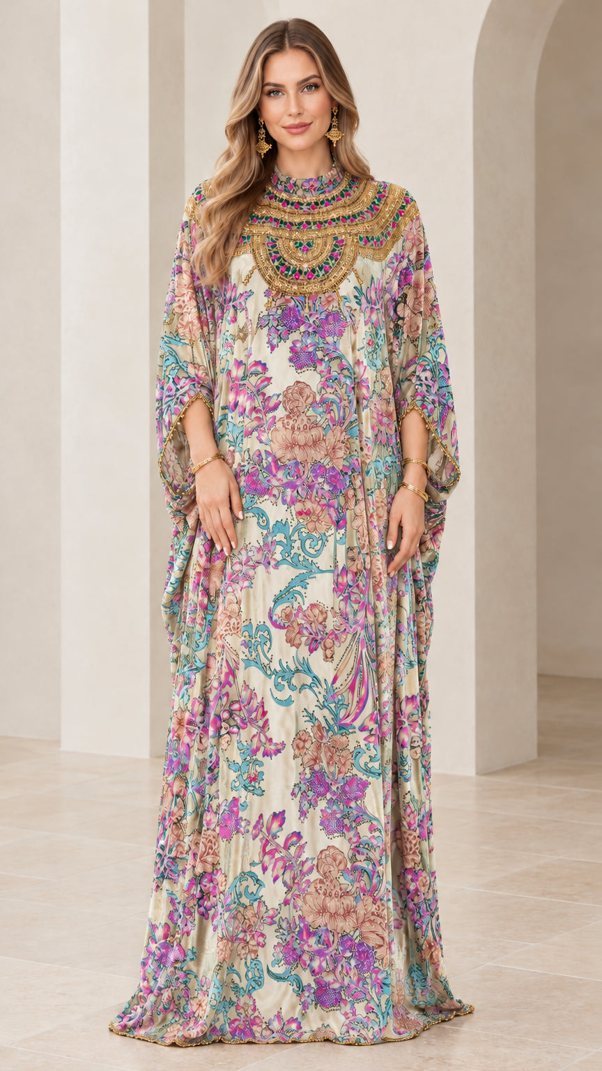 Front view of cream beige floral velvet kaftan maxi dress with ornate gold collar