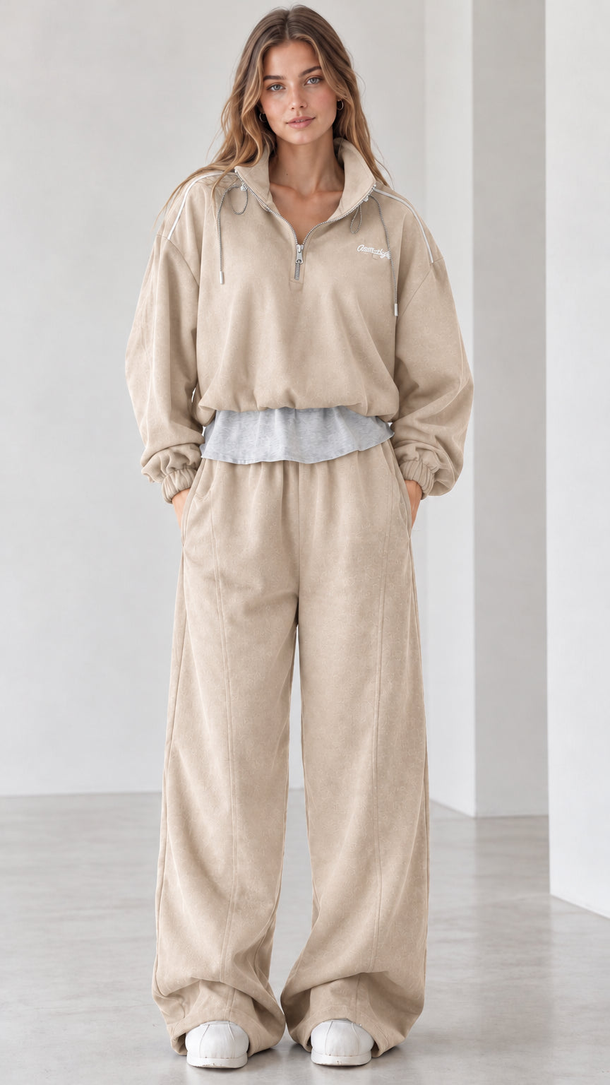 Women's beige oatmeal half-zip layered top and wide-leg sweatpants set