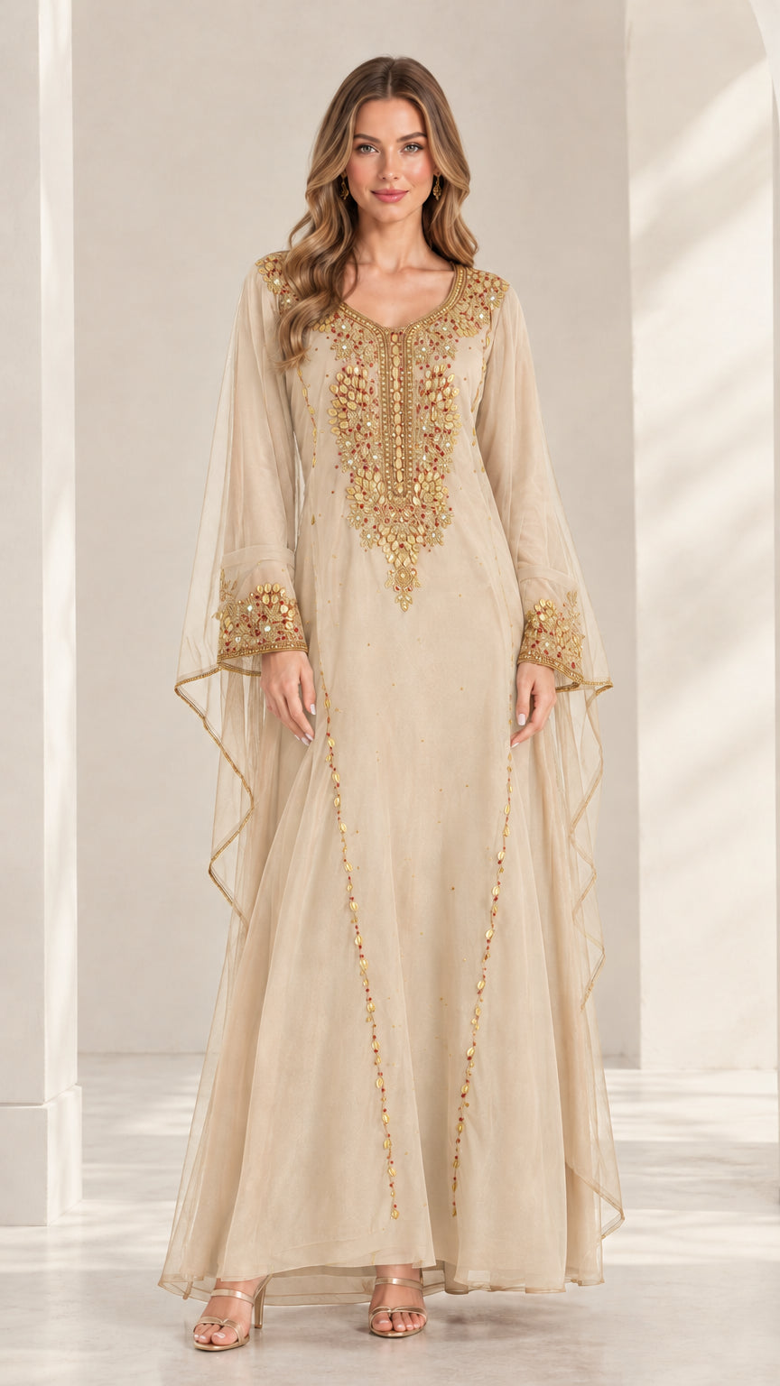 Champagne beige embroidered cape sleeve chiffon maxi kaftan dress