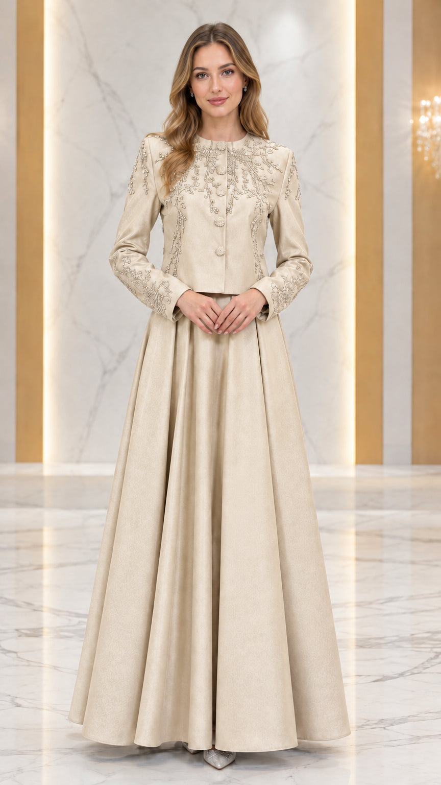 Champagne gold beaded formal jacket and floor-length evening skirt