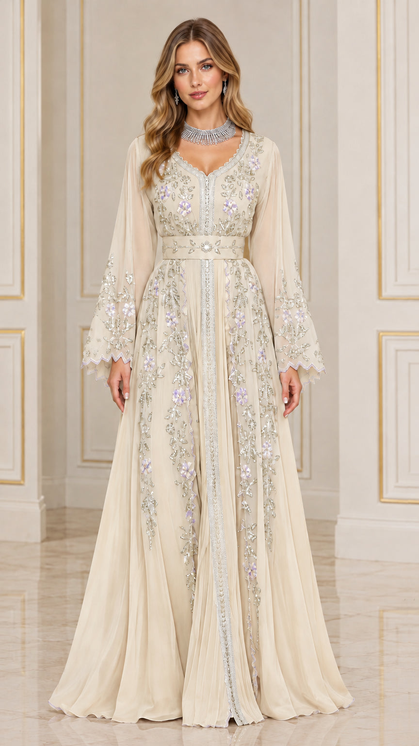 Model wearing champagne cream embroidered chiffon kaftan maxi gown
