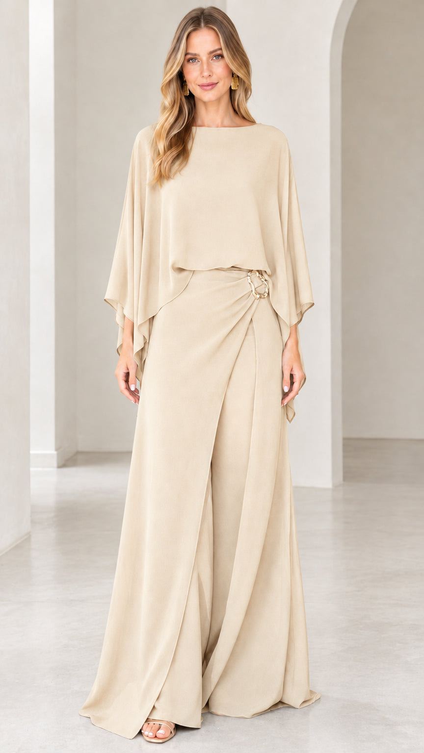 Champagne beige capelet overlay formal wide-leg jumpsuit front view