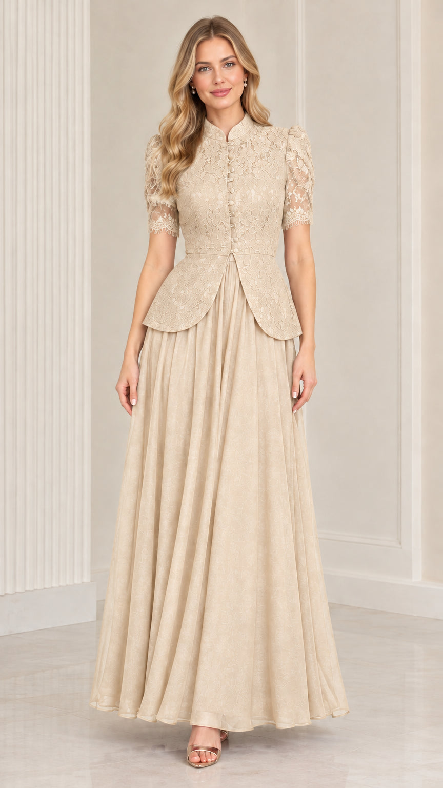 Champagne beige elegant lace peplum evening gown on model