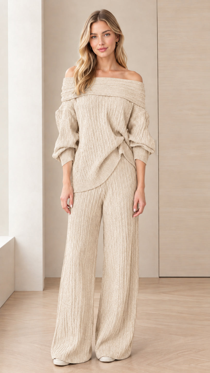 Beige oatmeal textured knit off-the-shoulder top and matching wide-leg pants