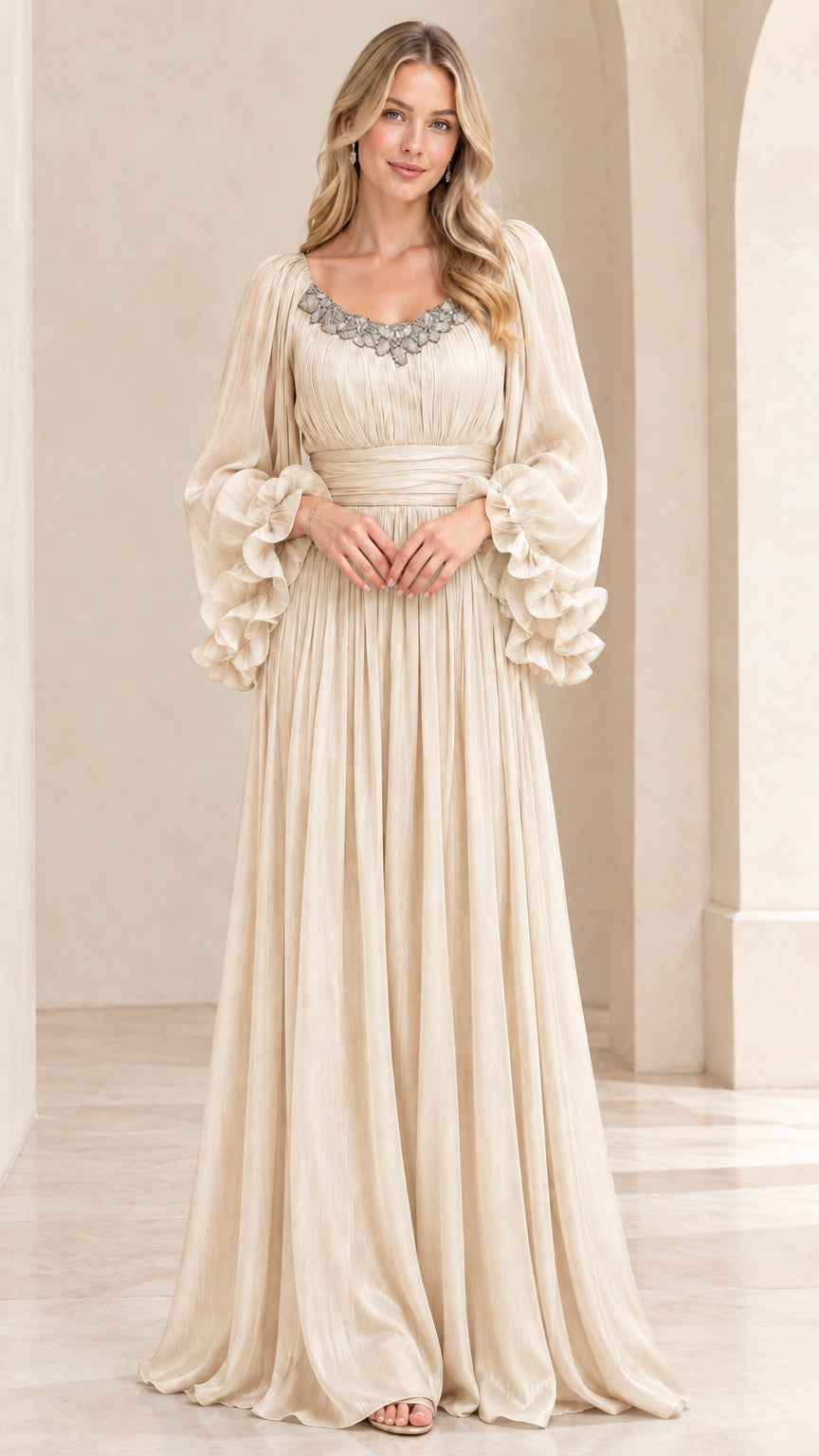Front view of model wearing Champagne cream pleated chiffon formal maxi dress