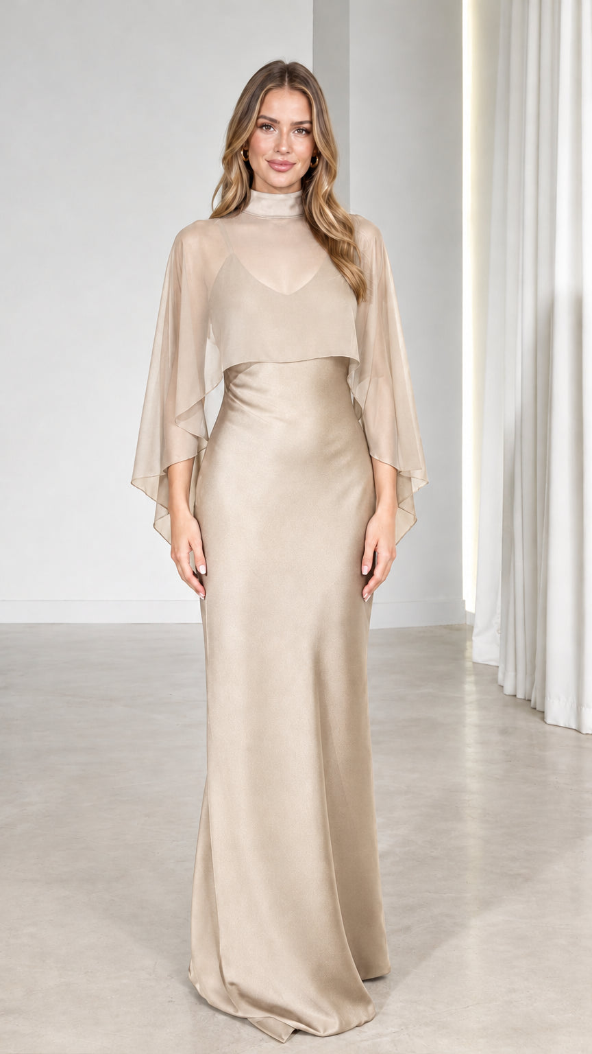 Front view of model wearing Champagne taupe sheer capelet maxi evening dress