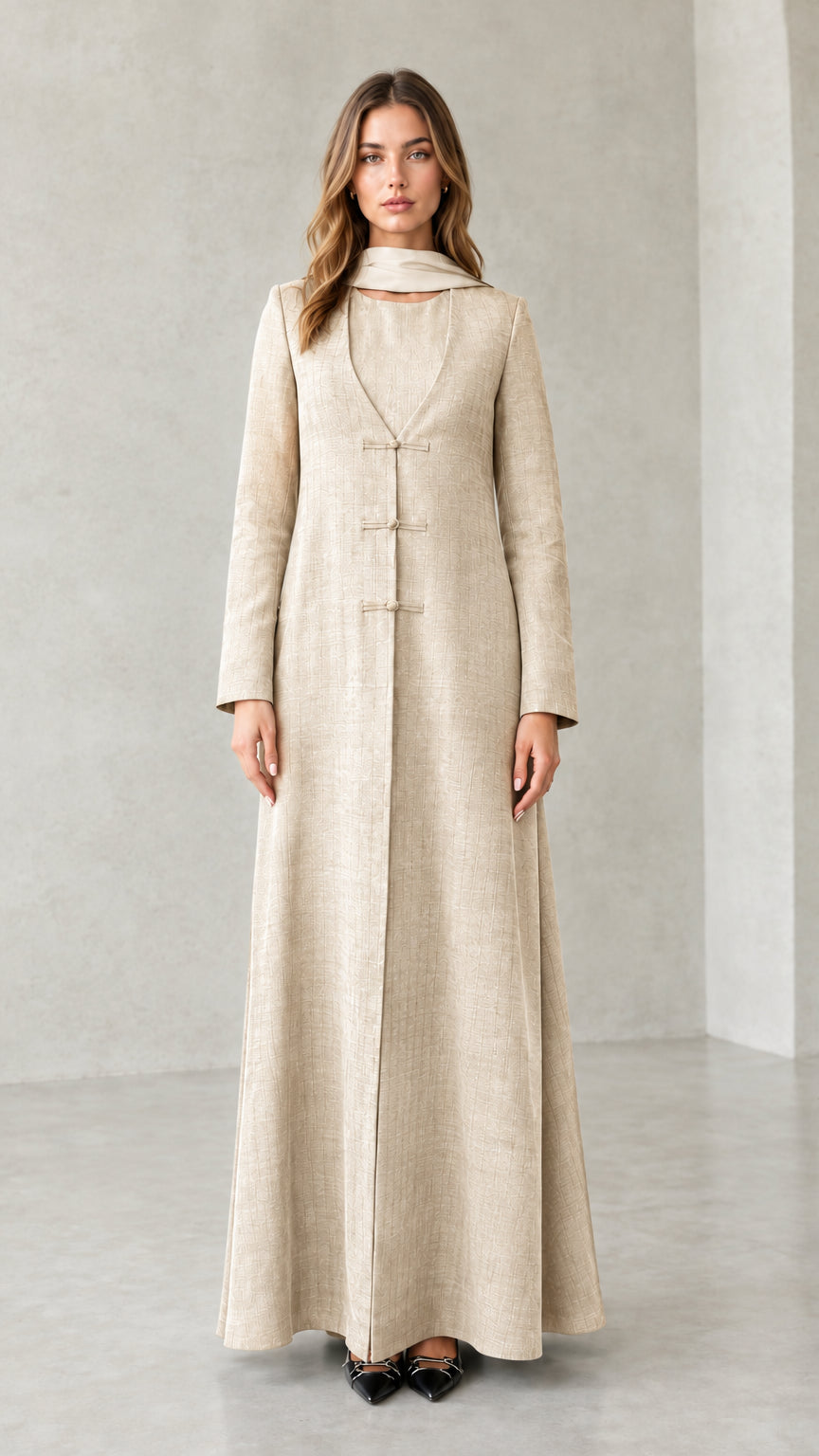 Front view of model wearing Beige textured long sleeve maxi coat dress