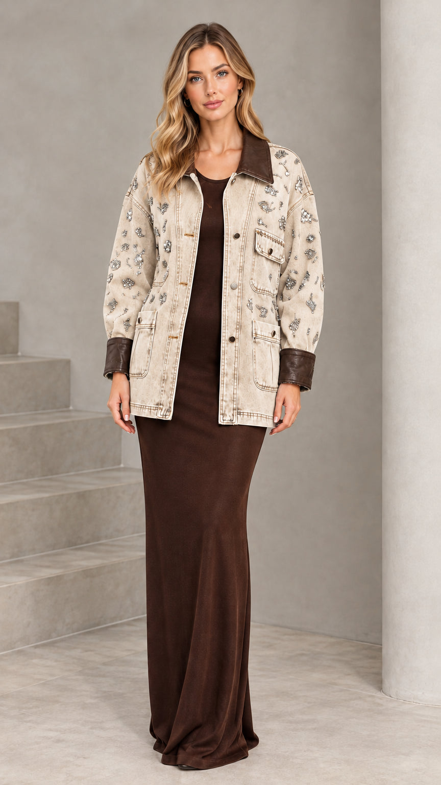 Front view of model wearing Beige embellished denim jacket with brown contrast trim