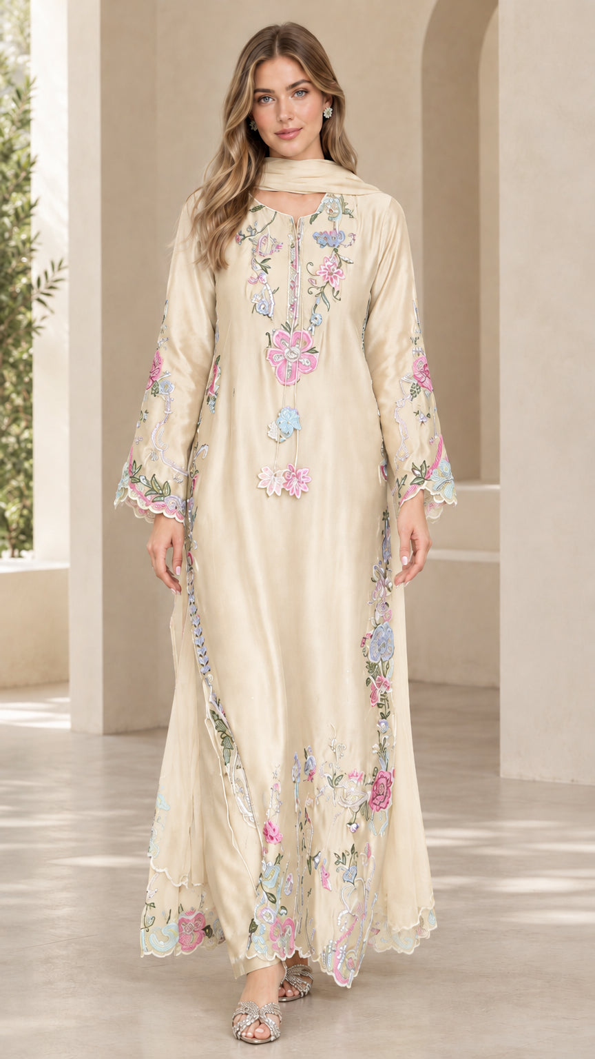 Front view of champagne floral embroidered maxi dress with matching scarf