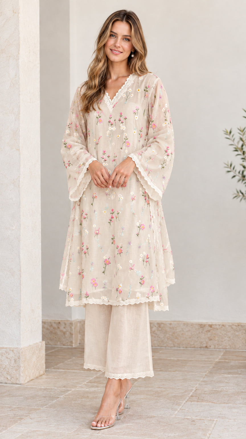 Full-length view of woman wearing beige floral embroidered tunic and pant set