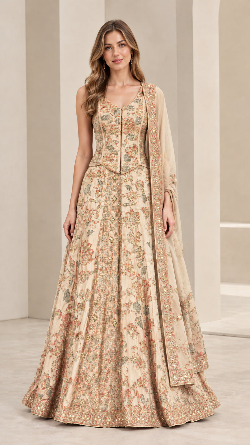 Front view of champagne beige embroidered flared lehenga set with coordinating dupatta