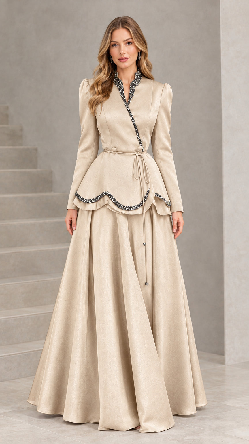 Front view of model in Champagne gold beaded peplum formal maxi gown