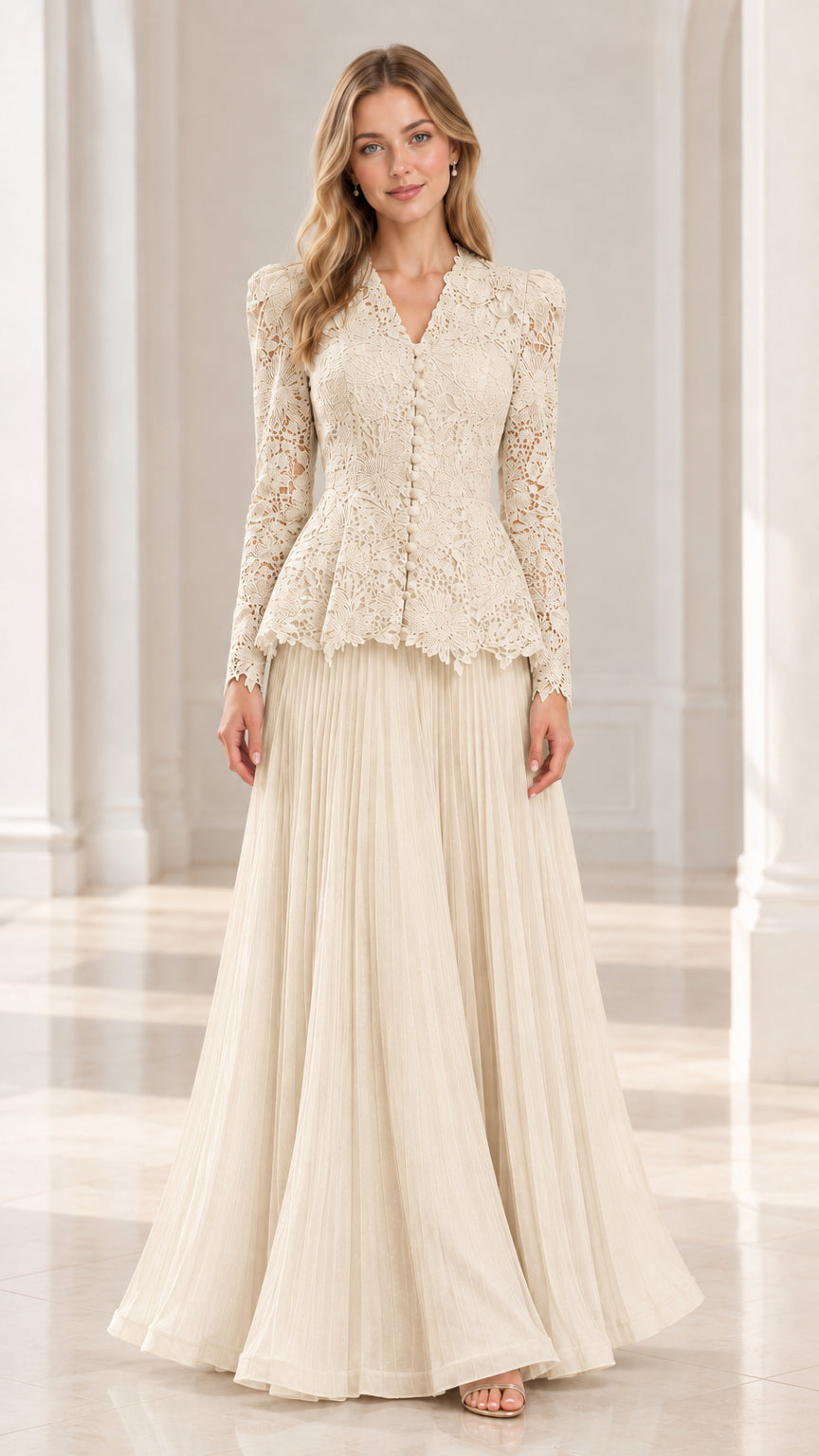 Champagne lace peplum pleated maxi evening gown