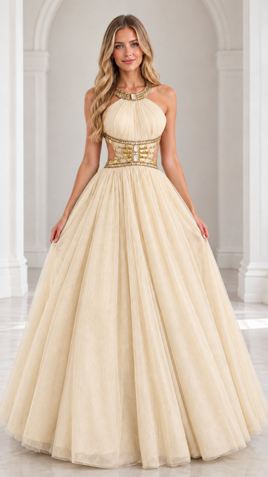 Champagne gold halter neck beaded cutout tulle evening gown