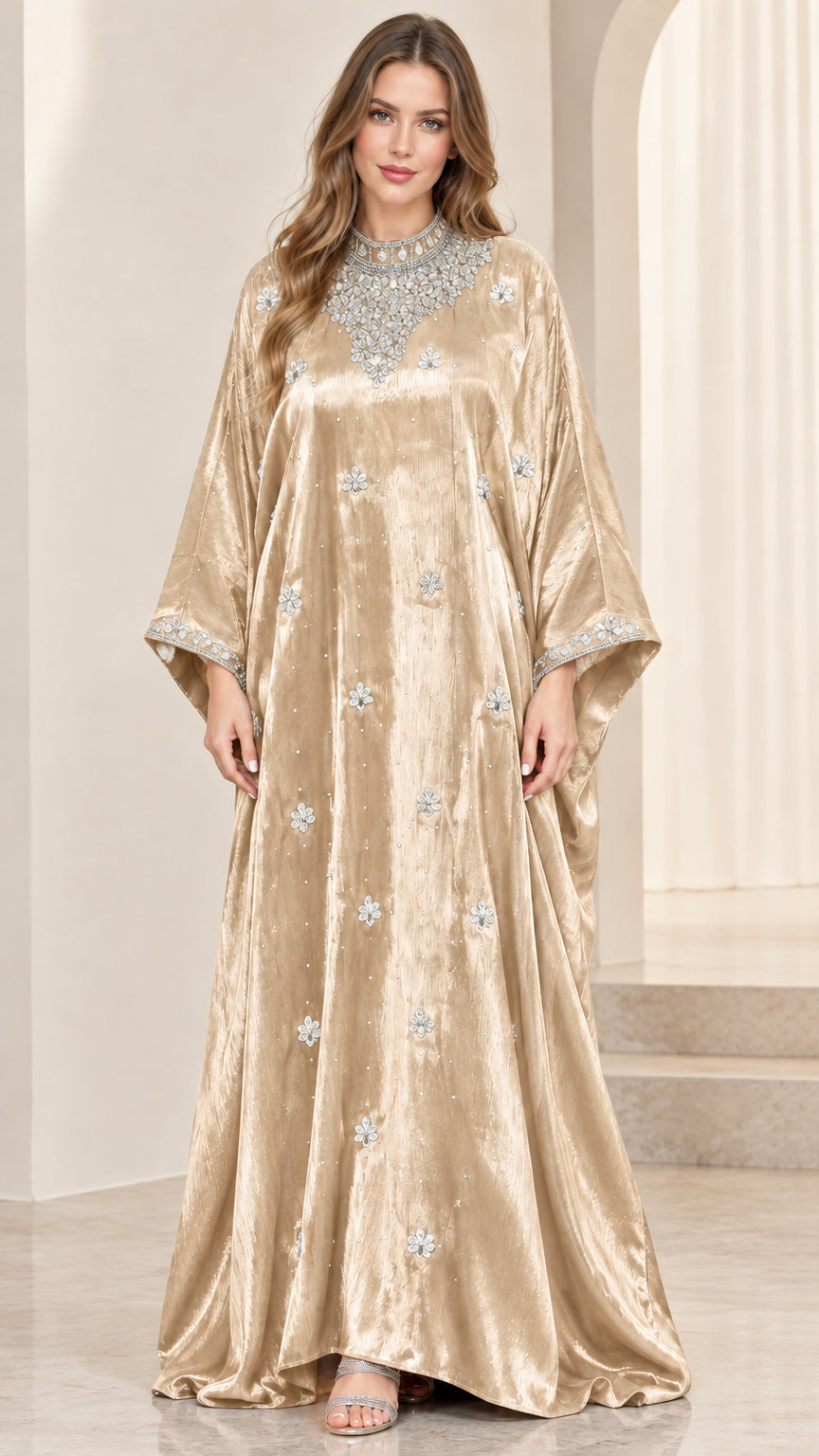 Front view of champagne gold velvet embellished kaftan maxi dress