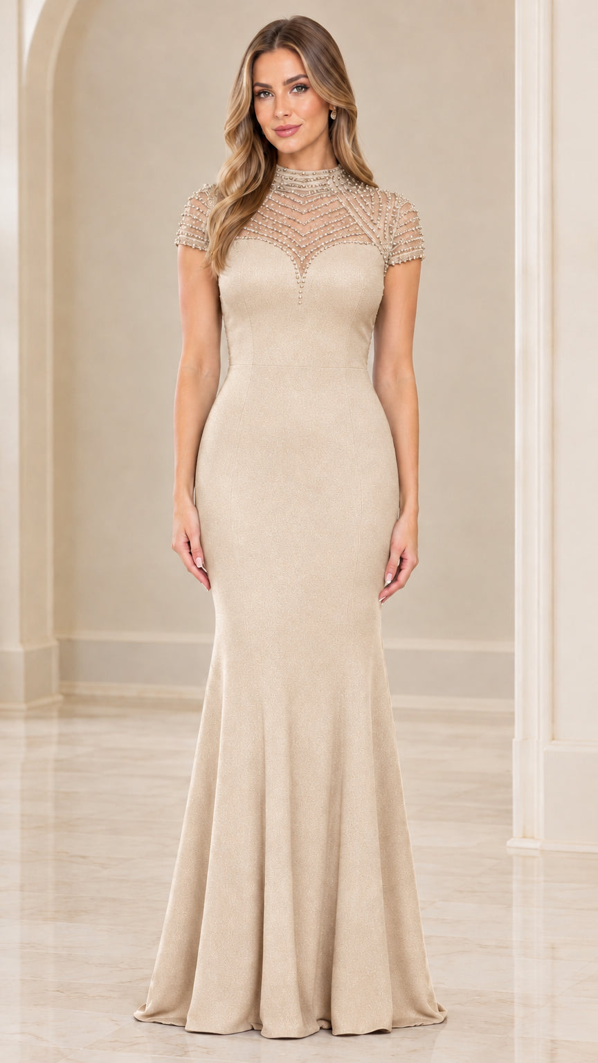 Champagne taupe high-neck beaded illusion mermaid formal gown front view